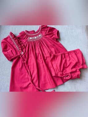 Luli & Me Bright Red Smocked Dress with Matching Bloomer and Bonnet Set